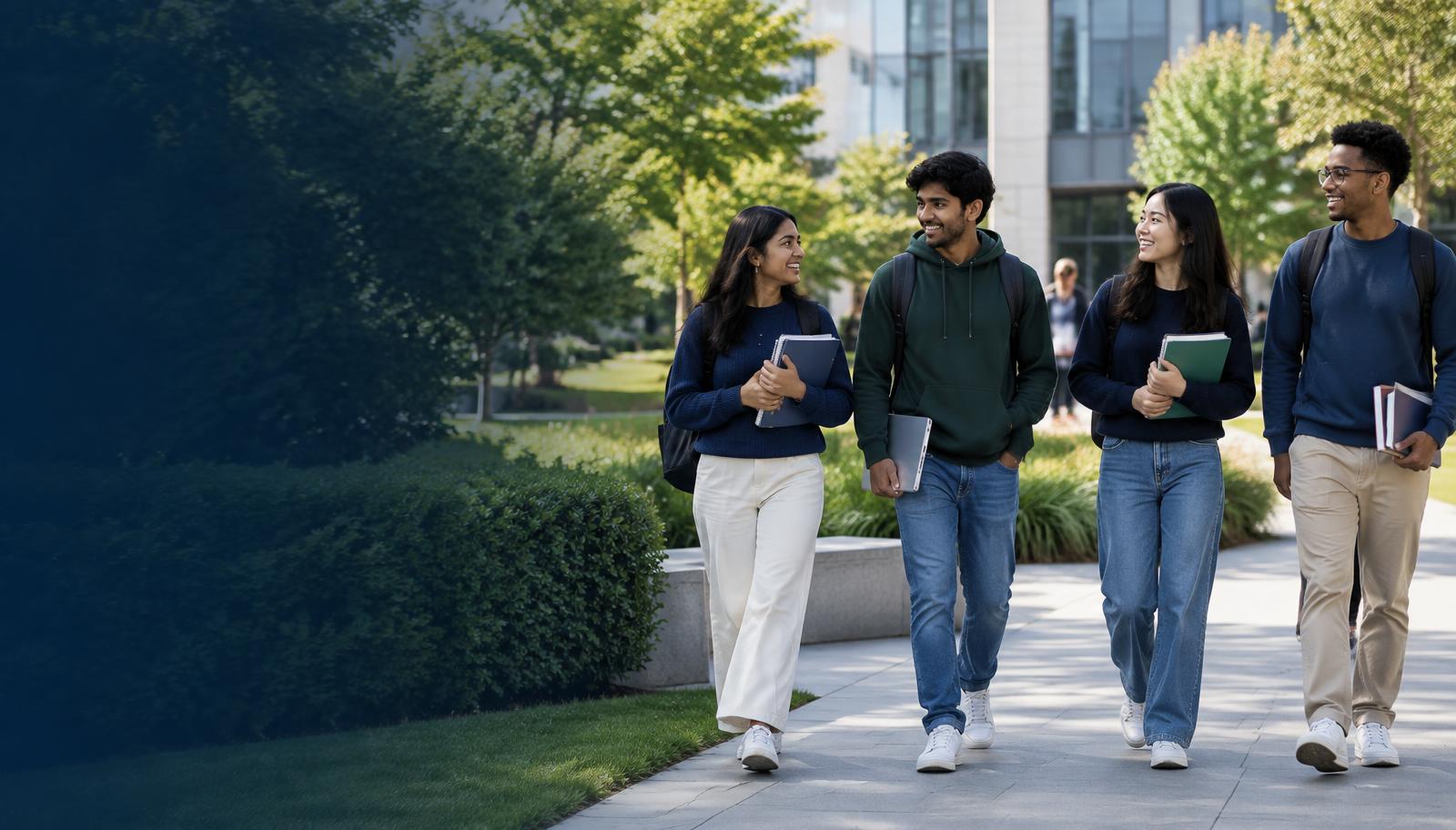 International students walking together on a university campus
