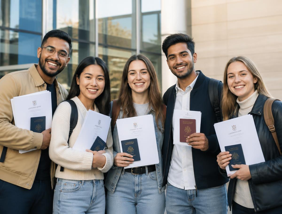 International students holding their admission documents and passports