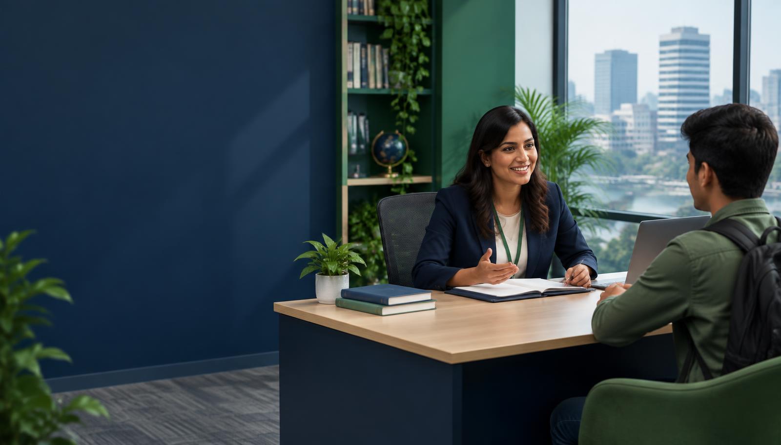 SHB International consultation desk overlooking Dhaka