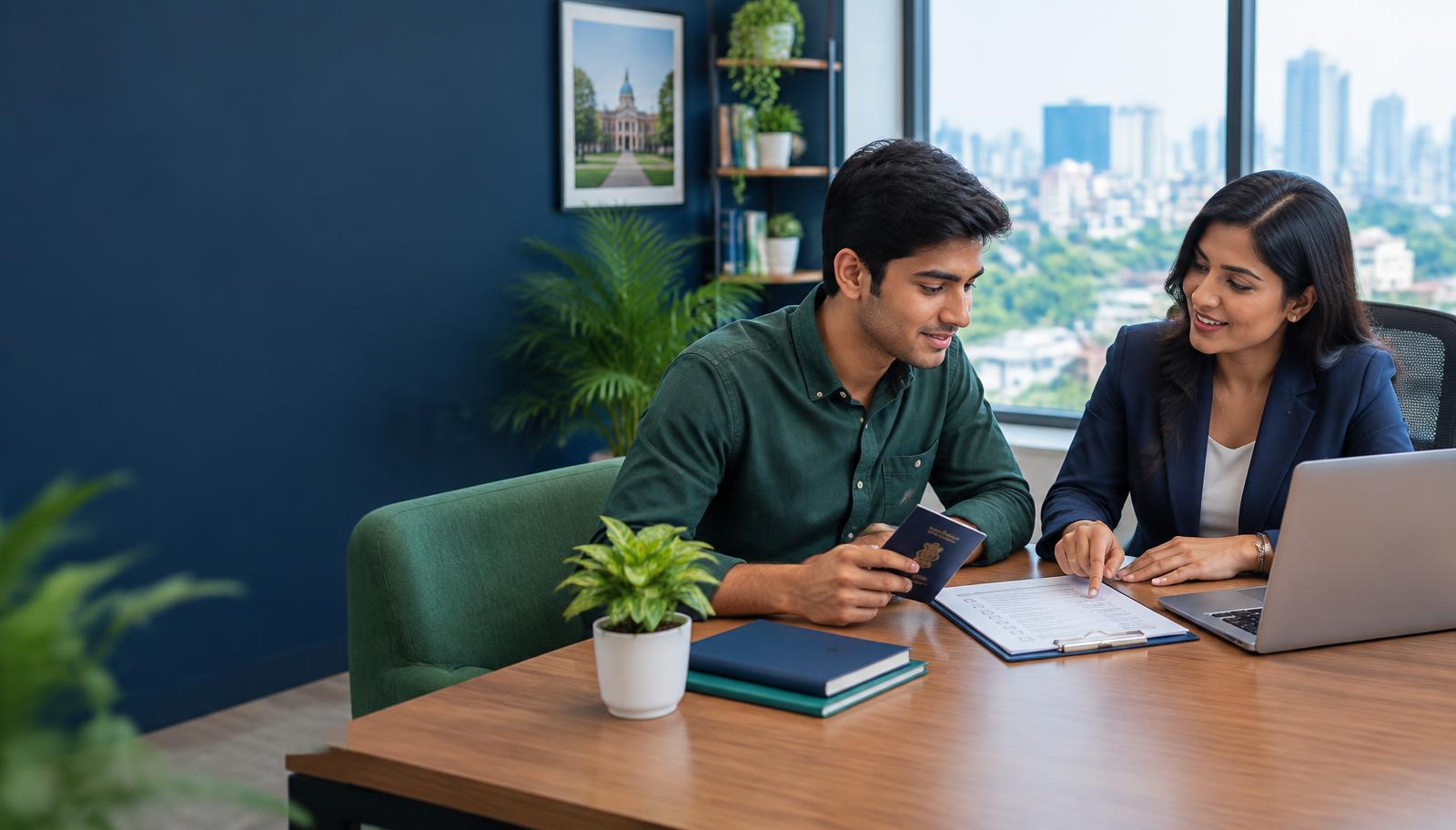 Education counsellor reviewing admission and visa documents with a student