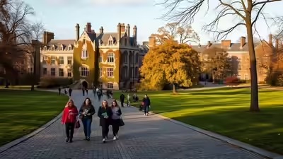 Students walking through the landscaped grounds of a university campus